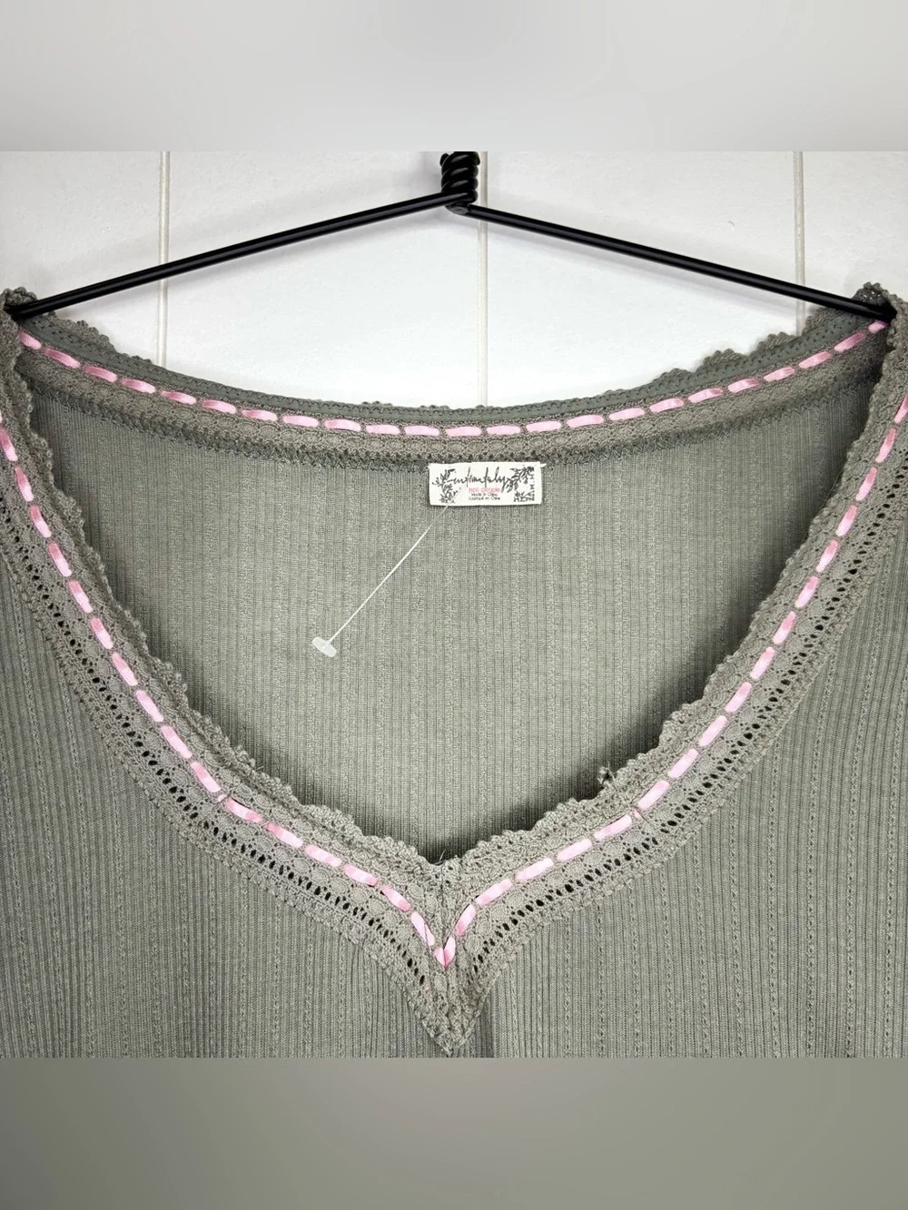 Free People Only You Ribbed Lace Trim Layer Top NWOT Medium Olive Green & Pink